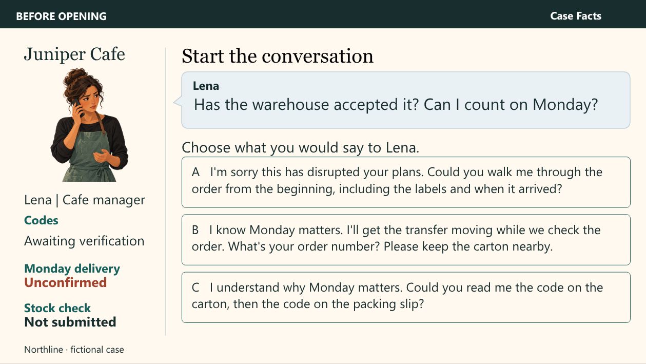 Storyline customer-support scenario showing Lena on the phone, a case-status sidebar and three possible replies.