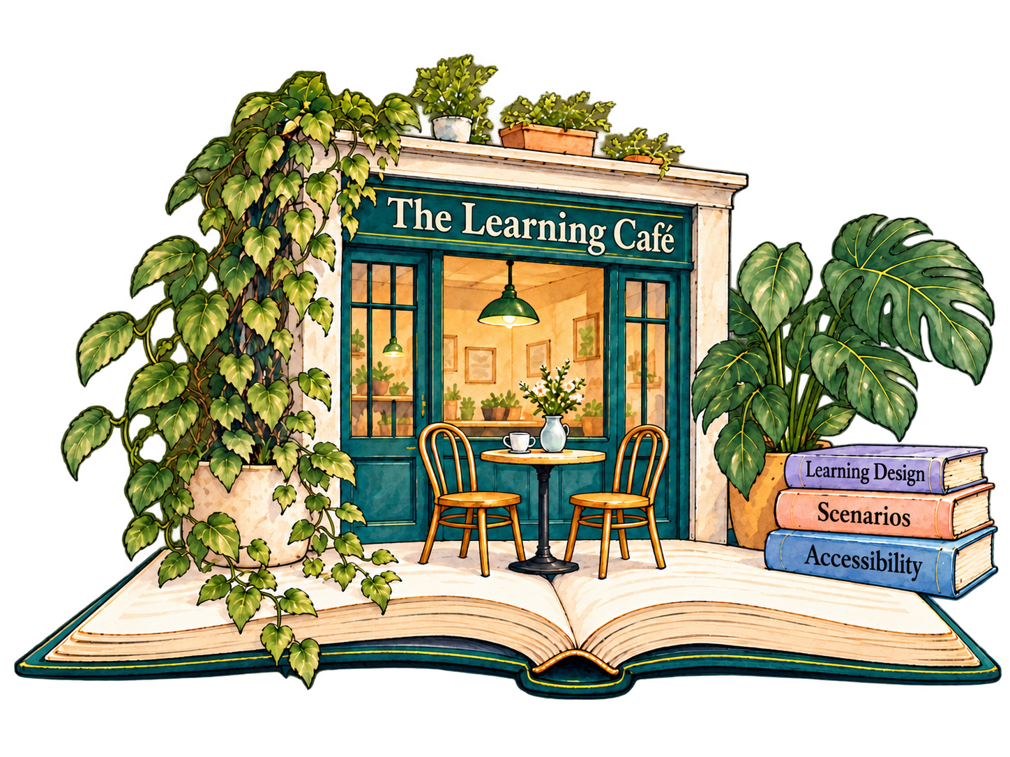 The Learning Café, a plant-filled café opening from a book, beside books titled Learning Design, Scenarios, and Accessibility.